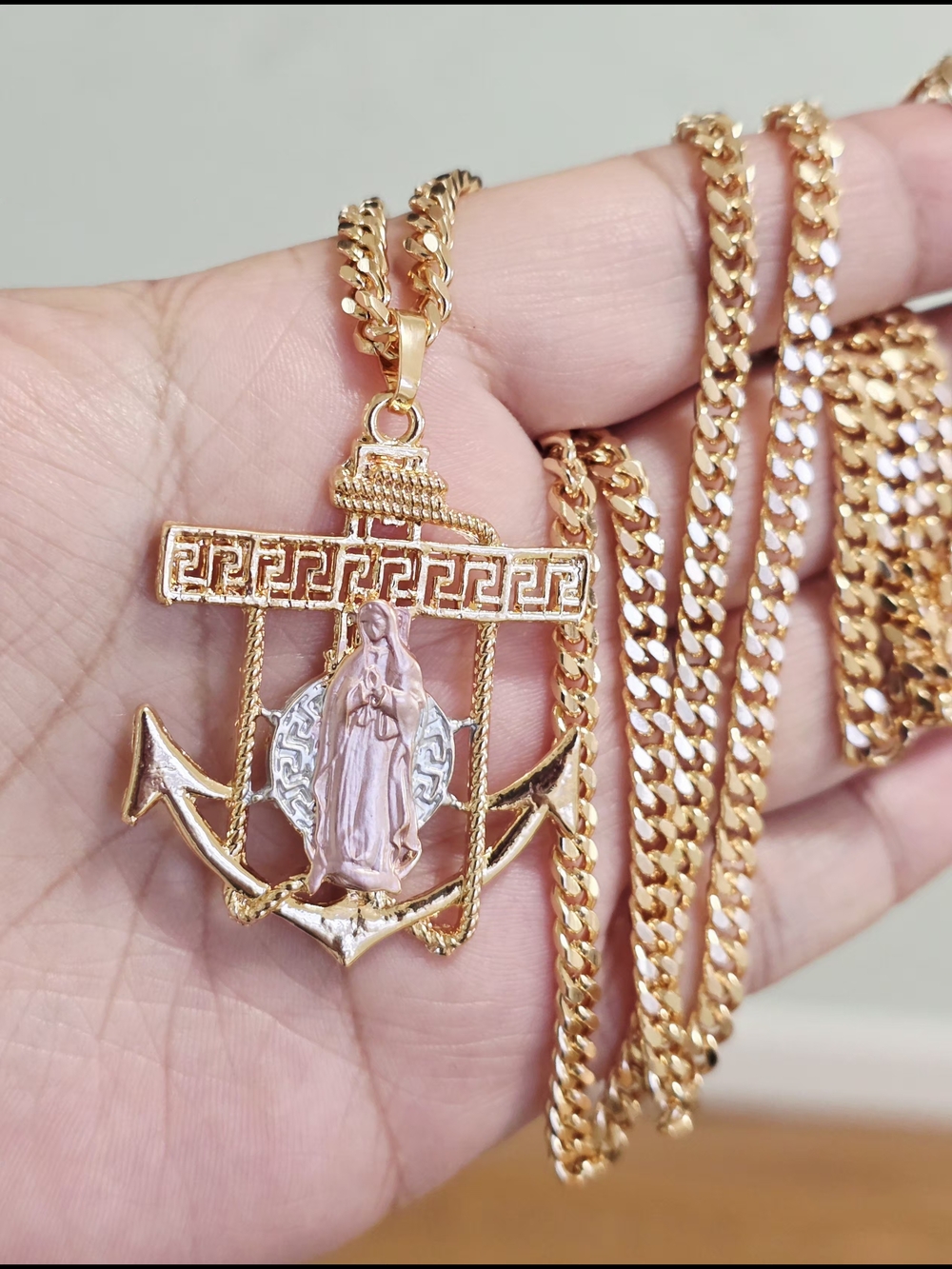 Gold-Tone Anchor Pendant Necklace with Pink Madonna Figure by